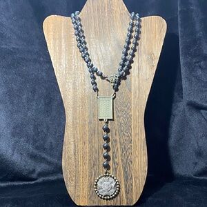 French Kande Dark Gray & Silver Beaded Necklace with Brass & Silver Coins